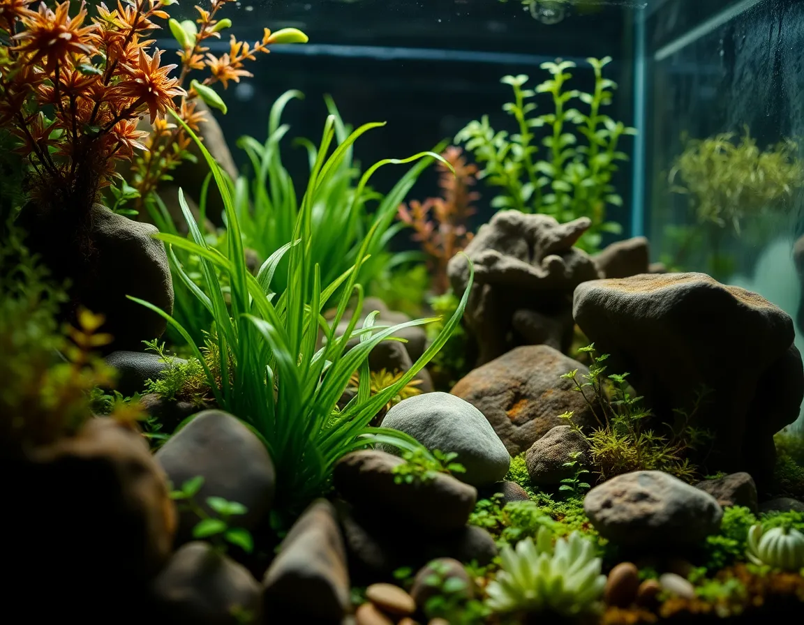 A beautifully arranged aquascape featuring an array of aquatic plants and stones, meticulously designed for aesthetic appeal. Soft studio lighting enhances the details of the plants' textures while casting gentle shadows. The rich green and earthy tones create a calming effect, inviting viewers to explore the underwater landscape. Selective focus draws attention to the vibrant foreground, while the background remains softly blurred, highlighting the aquascape's intricate design.