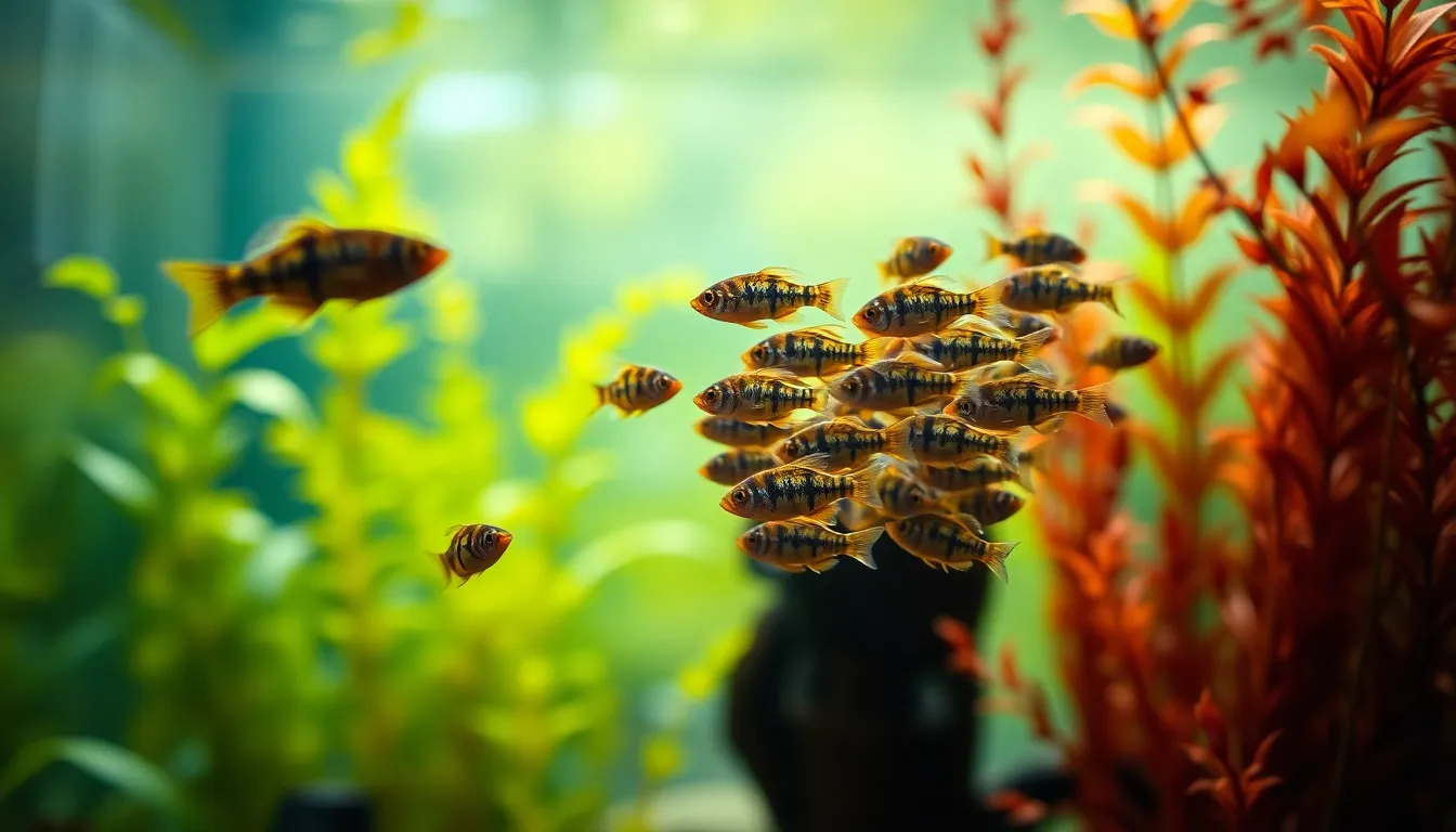 This vibrant image features a school of colorful tetras swimming in an aquatic paradise filled with lush vegetation. The overcast natural light creates soft highlights and enhances the saturated colors of the fish. With shallow depth of field, the background plants melt into a dreamy bokeh, while leading lines guide the viewer's attention. The textures of the glass tank and the intricate details of aquatic foliage add richness to this immersive underwater scene.
