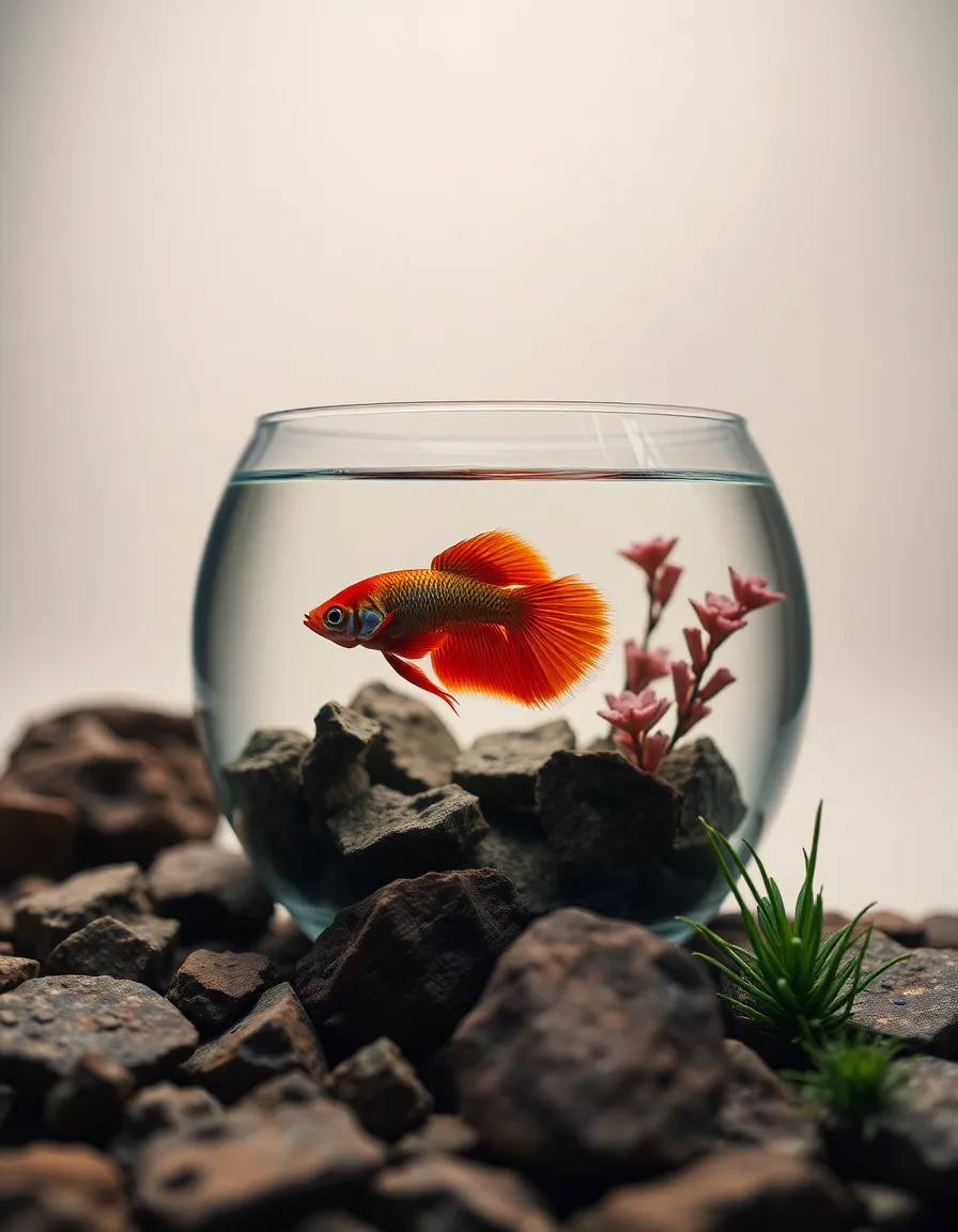 Striking Betta Fish in Glass Bowl This captivating studio shot features a striking betta fish swimming elegantly within a clear glass bowl. Utilizing a three-point lighting setup, the soft and flattering light enhances the vibrant colors of the fish while ensuring sharp focus throughout. The natural muted tones of the surrounding habitat convey a sense of calm, while textured rocks and aquatic plants create depth in the foreground. The image composition uses leading lines to lead the viewer's gaze toward the betta, creating an inviting focal point.