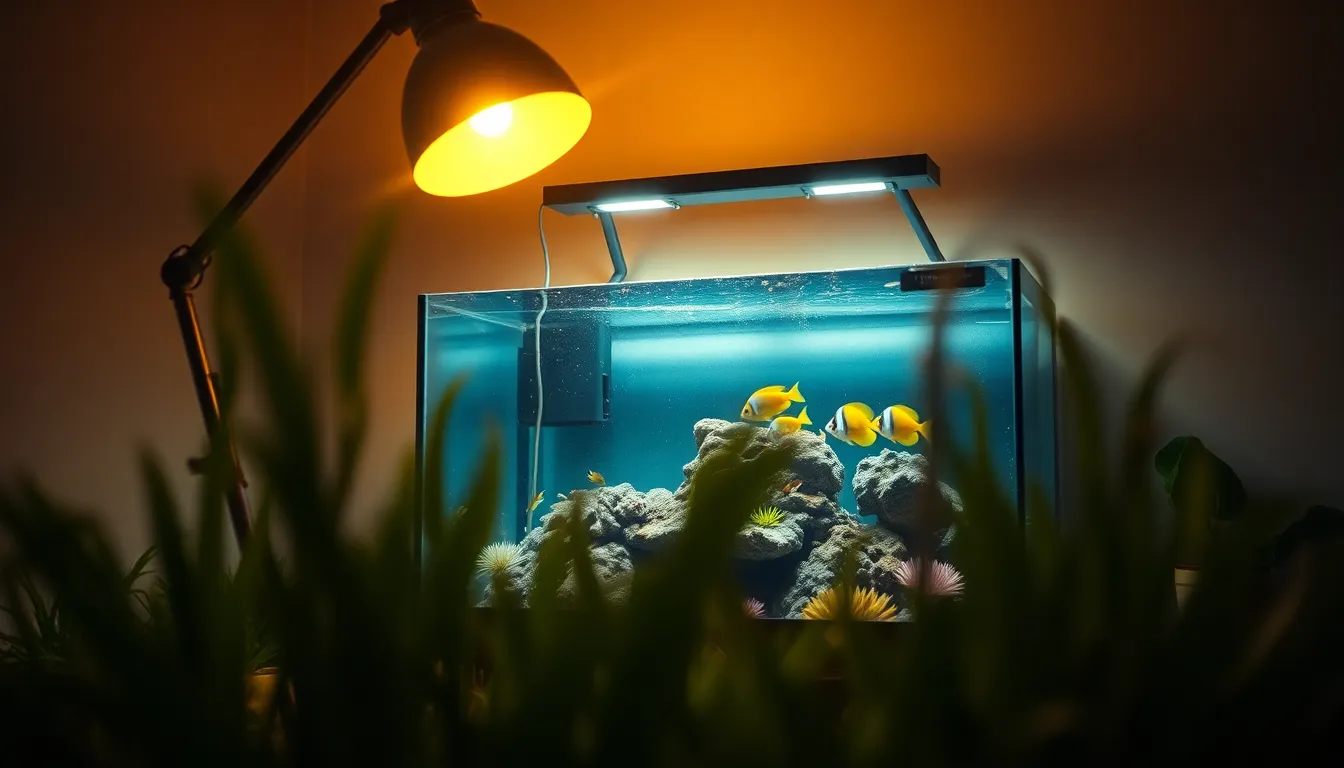 This serene image portrays an aquarium filled with vibrant reef fish, bathed in the warm glow of a tungsten desk lamp. The soft, directional lighting creates a cozy atmosphere, while the muted tones enhance the tranquility of the scene. Framed by lush aquatic plants in the foreground, the aquarium invites viewers to escape into its calming depths. The harmonious balance of color and light emphasizes the natural beauty of the underwater world.