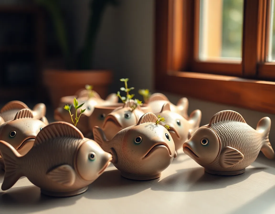 This creative image showcases an artistic arrangement of fish-shaped ceramic pots adorned with hints of water and small aquatic plants. Warm light filters in from a nearby window, casting gentle shadows and highlighting the textures of the ceramics. The shallow depth of field draws attention to the focal points while the soft, muted earth tones create a calming atmosphere. Perfect for design enthusiasts, this image evokes creativity and appreciation for unique decor.
