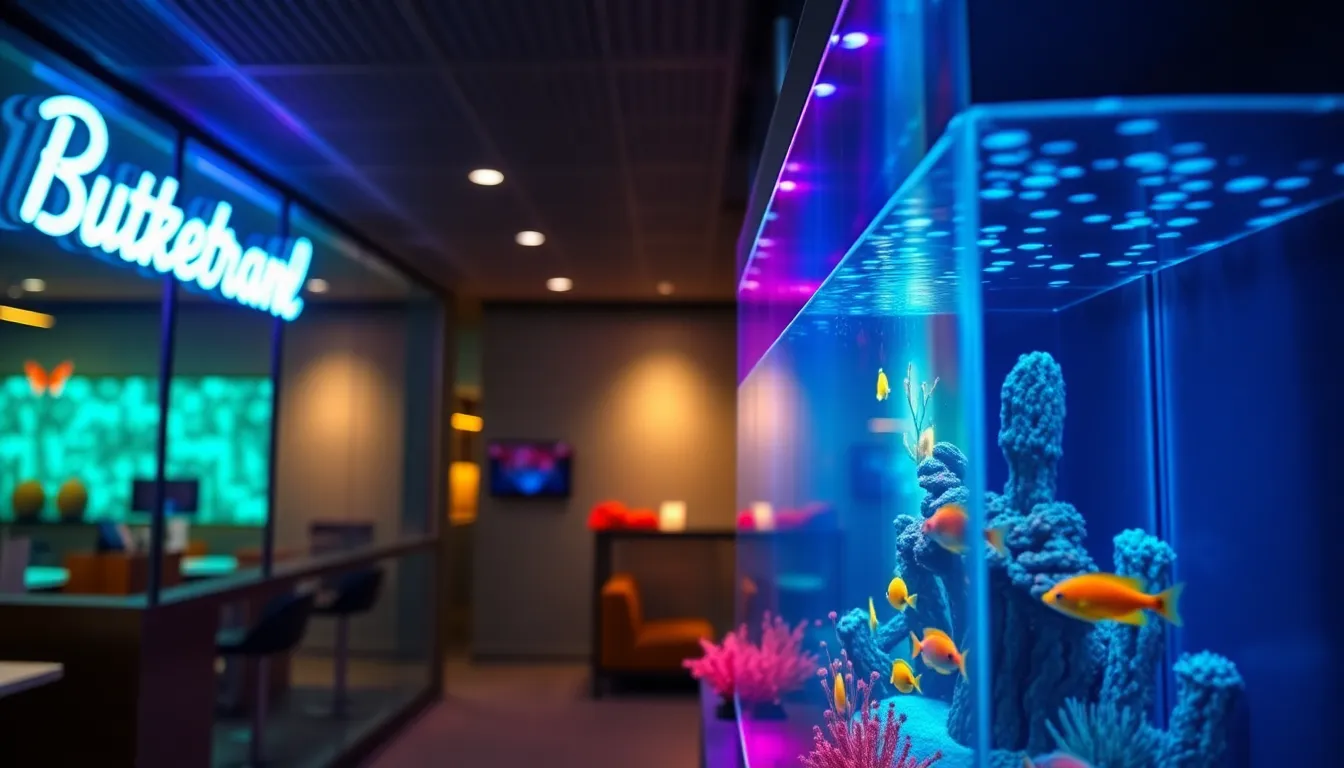 A stylish modern aquarium houses a vibrant collection of tropical fish, illuminated by the mesmerizing reflections of neon signage. The careful composition creates a dynamic feel, with the aquarium positioned to the right, allowing the eye to wander through the colorful aquatic life. The cinematic color grading enhances the visual appeal, emphasizing the bright hues of the fish against the sleek glass. This image captures the essence of contemporary fishkeeping with a stylish twist.