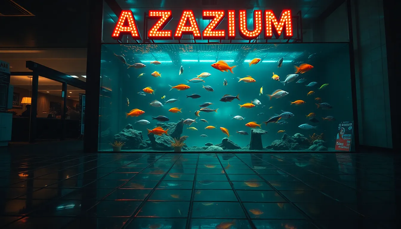 This captivating image showcases a large aquarium filled with various exotic fish, with colorful reflections from a nearby neon sign creating a lively atmosphere. The practical lighting enhances the cinematic feel, while the teal and orange color grading adds depth and moodiness. The hyperfocal distance ensures that every detail is sharp, from the shimmering scales of the fish to the reflections on the aquarium glass. This dynamic composition immerses the viewer into the vibrant world of aquatic life.