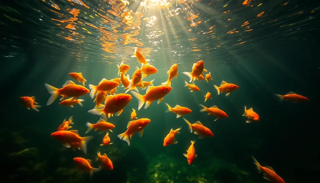 A captivating view of goldfish gracefully swimming in a koi pond, surrounded by lush greenery. The dappled sunlight creates a mesmerizing play of light on the water's surface, enhancing the warm gold and vibrant orange hues of the fish. The carefully composed image uses leading lines to draw the viewer's eye towards the fish, creating a sense of serenity and harmony in the natural setting. Sharp focus throughout emphasizes the intricate details of both the fish and their environment.