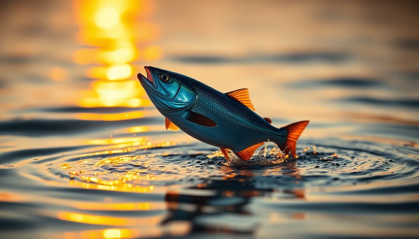 A breathtaking moment captured as a fish leaps gracefully above the water's surface during golden hour. The dramatic backlighting enhances the shimmering reflections and ripples, while the focused fish stands out against the soft blurred background. The rich colors and dynamic composition evoke a sense of freedom and vitality in this aquatic scene, celebrating the beauty of nature at its finest.