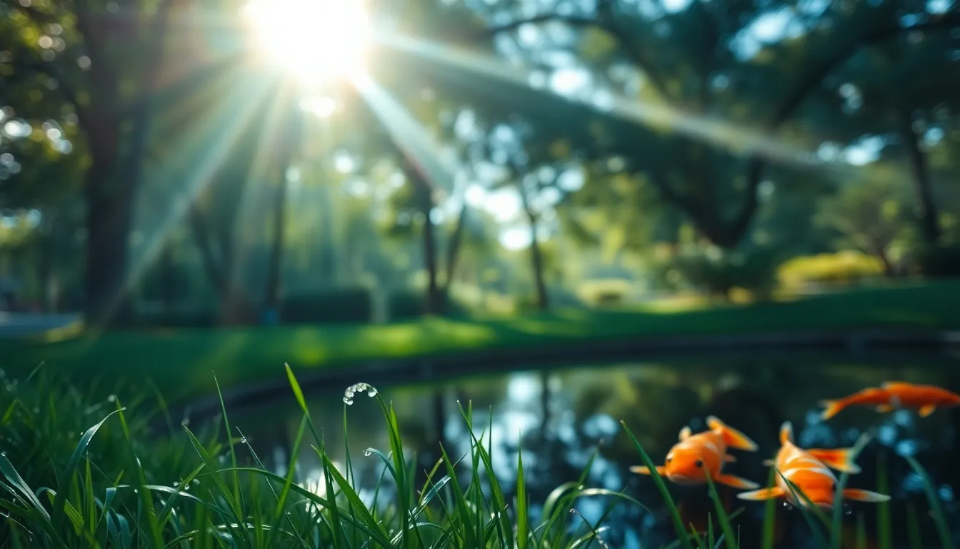 Koi Fish Swimming in Tranquil Pond This tranquil scene captures koi fish swimming gracefully in a serene pond, surrounded by vibrant greenery and the natural beauty of dappled sunlight. The selective focus highlights the colorful fish against a softly blurred background of lush foliage, creating a peaceful atmosphere. Morning dew glistens on the grass blades, adding a refreshing touch to the composition. With a balanced and symmetrical layout, this image evokes calmness and appreciation for nature.