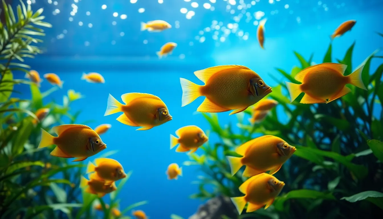 An enchanting view of an aquarium filled with colorful tropical fish swimming gracefully among vibrant green plants. The soft lighting highlights the details of the fish scales, creating a dynamic interplay of colors—blues, greens, yellows, and oranges dominating the scene. The depth of field draws attention to the fish in focus, while the blurred background adds depth to the composition. This serene underwater atmosphere captures the beauty of aquatic life, perfect for pet lovers and aquarium enthusiasts.