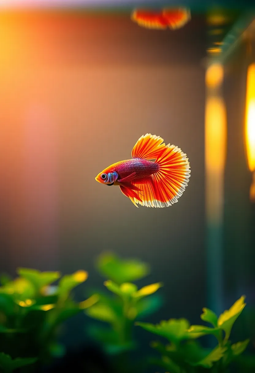 An exquisite betta fish is captured in a sleek glass aquarium during golden hour, where warm light beautifully outlines its flowing fins. The shallow depth of field emphasizes the fish's vibrant colors amidst a backdrop of soft, floating aquatic plants. Leading lines in the composition guide the viewer’s gaze towards the betta, showcasing its grace and elegance. This image perfectly embodies the beauty of aquatic pets in a serene lighting ambiance.