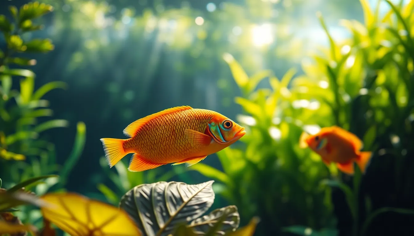 This stunning image captures a lively underwater scene inside a glass aquarium, featuring colorful tropical fish swimming amidst lush green plants. The warm sunlight filters through the glass, creating enchanting reflections and a serene atmosphere. The vibrant oranges and greens bring the aquatic ecosystem to life, while the shallow depth of field emphasizes the fish against a soft, blurred background. Perfect for nature enthusiasts and aquarium lovers alike.