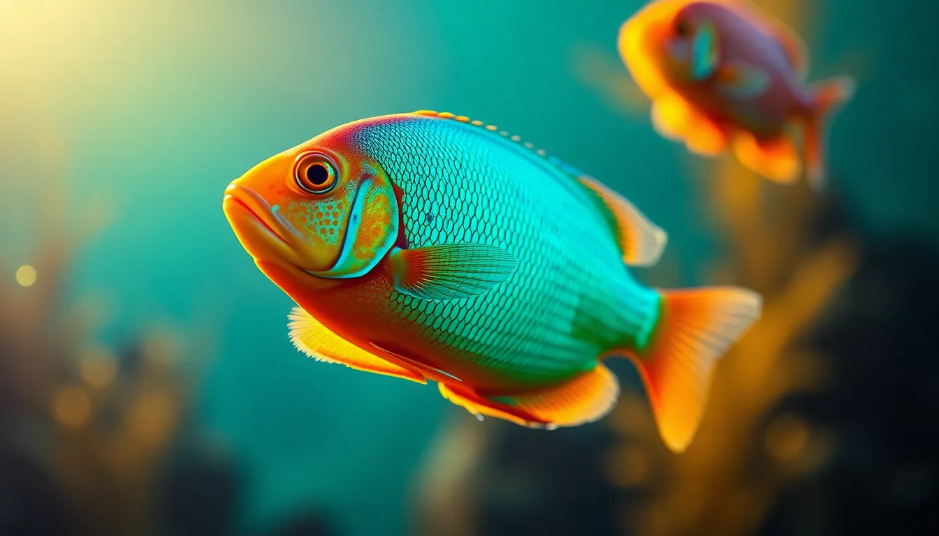 This stunning image captures a tropical fish swimming gracefully in a beautifully lit aquarium. The warm golden hour light accentuates the vibrant colors of the fish, while the blurred background creates a serene underwater atmosphere. The reflections on the glass add a captivating element to the composition, making it perfect for nature and pet imagery. The visual mood is inviting and tranquil, ideal for aquarium enthusiasts.