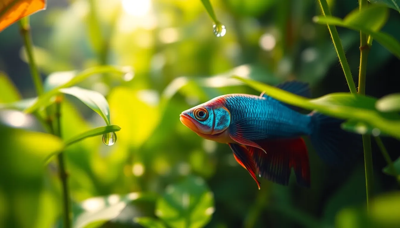 A stunning close-up captures a vibrant Betta fish gracefully swimming amidst lush aquatic plants. The image is bathed in dappled sunlight, highlighting rich greens and deep blues in the water. The shallow depth of field brings focus to the fish and shimmering water droplets, creating a serene and immersive underwater scene. The overall composition draws the viewer into the enchanting aquatic environment, evoking a sense of tranquility.