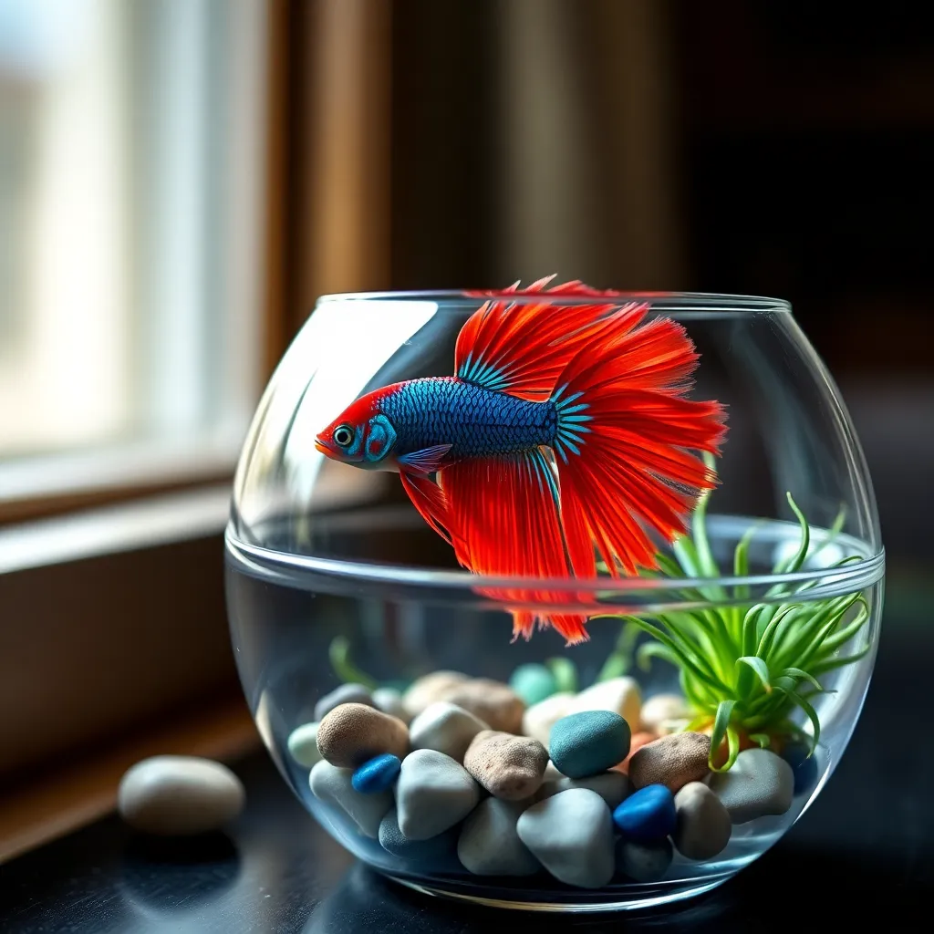 A captivating close-up of a Betta fish, showcasing its vibrant colors and flowing fins against a backdrop of decorative pebbles and air plants in a glass bowl. The gentle daylight enriches the colors, enhancing the visual appeal of the fish's intricate patterns. The use of macro photography draws the viewer in, providing an intimate look at the Betta's beauty and grace. This image captures the essence of pet ownership and the charm of aquariums in home decor.