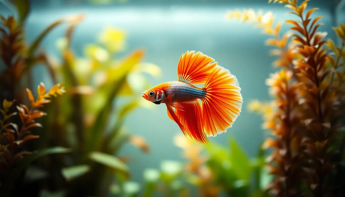 A stunning close-up of a vibrant betta fish gracefully swimming among lush aquatic plants in a well-maintained aquarium. The soft diffused daylight creates a serene atmosphere, highlighting the fish's colorful fins and intricate details. The composition captures the harmony between the lively aquatic life and the tranquility of its environment, inviting viewers to appreciate the beauty of underwater worlds.