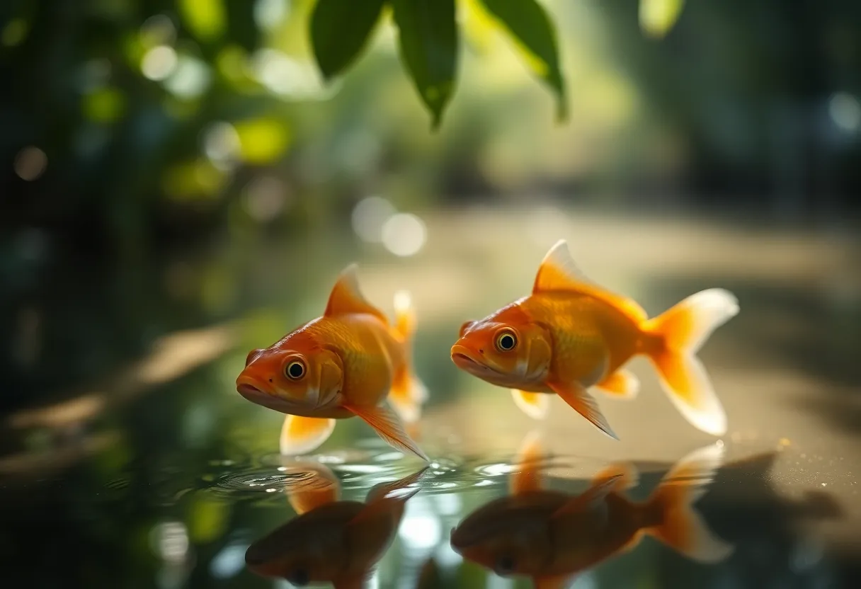 This serene image showcases two goldfish gracefully swimming in a shallow pond, bathed in soft, natural sunlight filtering through the overhanging leaves. The close-up macro perspective reveals exquisite details in the fish's scales, with their vibrant orange colors contrasting beautifully against the muted greens of the surrounding water plants. The gentle bokeh background adds a dreamy quality, enhancing the tranquil mood of this peaceful aquatic scene. An ideal choice for pet lovers and nature enthusiasts alike, highlighting the beauty of freshwater fish.