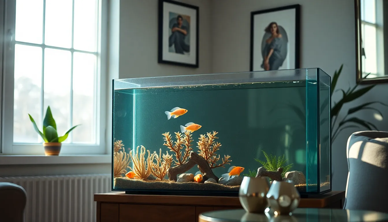 This sophisticated image showcases a beautifully designed fish tank set against a stylish home interior, illuminated by warm natural sunlight streaming through a nearby window. The sleek glass of the tank reflects soft pastels, enhancing the tranquil aquatic scene within. With a focus on both the tank and its surroundings, the composition blends contemporary design with natural elements, creating a harmonious atmosphere. Ideal for interior design and pet lovers, this image encapsulates the beauty of keeping fish as part of modern living.