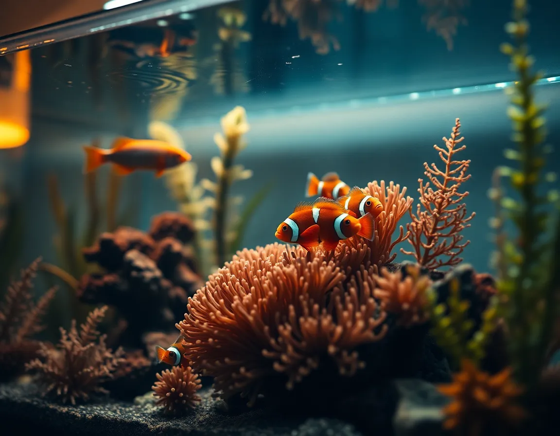A heartwarming scene of a home aquarium filled with vibrant clownfish swimming among lively anemones and aquatic plants. The gentle glow of warm tungsten light creates an inviting atmosphere, while the blurred background adds an artistic touch. The image captures the intimate connection between pet owners and their aquatic friends, showcasing the colorful beauty of clownfish in a cozy setting. This depiction of domestic aquatic life speaks to pet lovers and home decor enthusiasts alike.