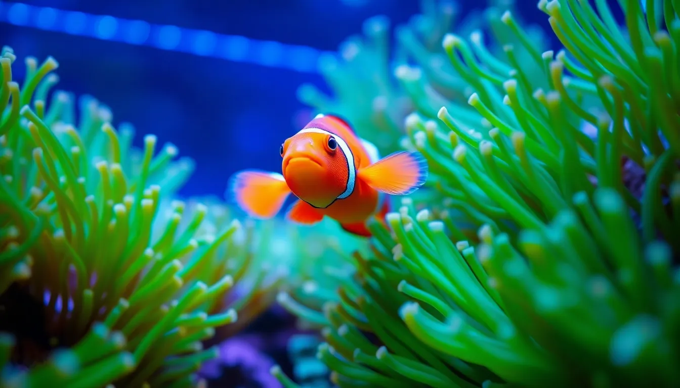 This striking image captures a clownfish swimming gracefully in a lush aquarium surrounded by vibrant aquatic plants. High-contrast dappled sunlight creates shimmering highlights on its scales, bringing the scene to life. The vivid colors contrast beautifully with the soft green and blue tones of the underwater environment. This photorealistic representation reveals both the delicate textures of the fish and the serene ambiance of its habitat.