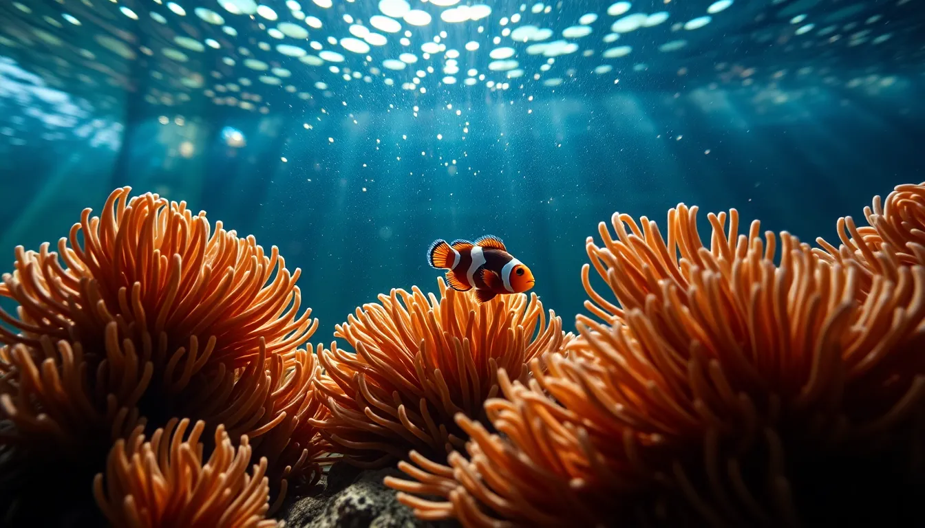 A vibrant clownfish gracefully swims among the soft, flowing tentacles of purple and green anemones. Sunlight filters through the glass of the aquarium, creating shimmering reflections that dance across the water's surface. The overall mood is tranquil, capturing the beauty of aquatic life in natural muted tones. The fish's vibrant orange and white colors stand out beautifully against the lush background, inviting viewers into this underwater paradise.