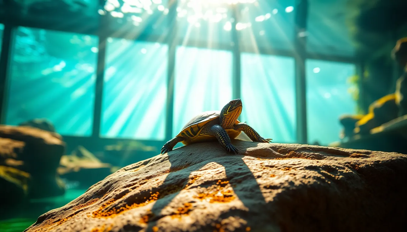 A serene scene featuring a turtle resting comfortably on a textured rock within a bright aquarium, beautifully illuminated by natural sunlight. The dappled light creates an enchanting atmosphere, with leading lines of the water guiding the viewer's gaze. The rich color grading brings warmth and calmness to the image, highlighting the intricate details of both turtle and rock, offering a peaceful glimpse into aquatic life.