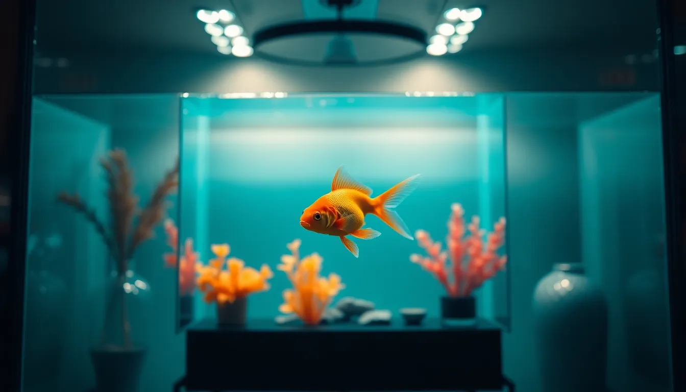 In this elegant shot, a regal goldfish swims gracefully in a modern aquarium, surrounded by stylish decor. The butterfly lighting highlights the fish's lustrous scales, creating an eye-catching effect. A shallow depth of field softens the background, allowing the viewer to focus on the fish and its environment. The cinematic teal and orange tones enhance the contemporary aesthetic, making this image an attractive addition to any stock collection.