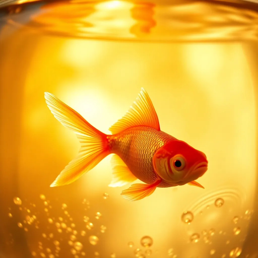 This captivating close-up of a goldfish swimming in its bowl captures the essence of serenity and beauty. The warm golden hour light casts a soft glow over the fish, enhancing its vibrant orange scales and delicate fins. With a shallow depth of field, the background is beautifully blurred, allowing the viewer to focus on the intricate details of the fish and the rippling surface of the water. The overall mood is tranquil and inviting, perfect for any aquarium lover.