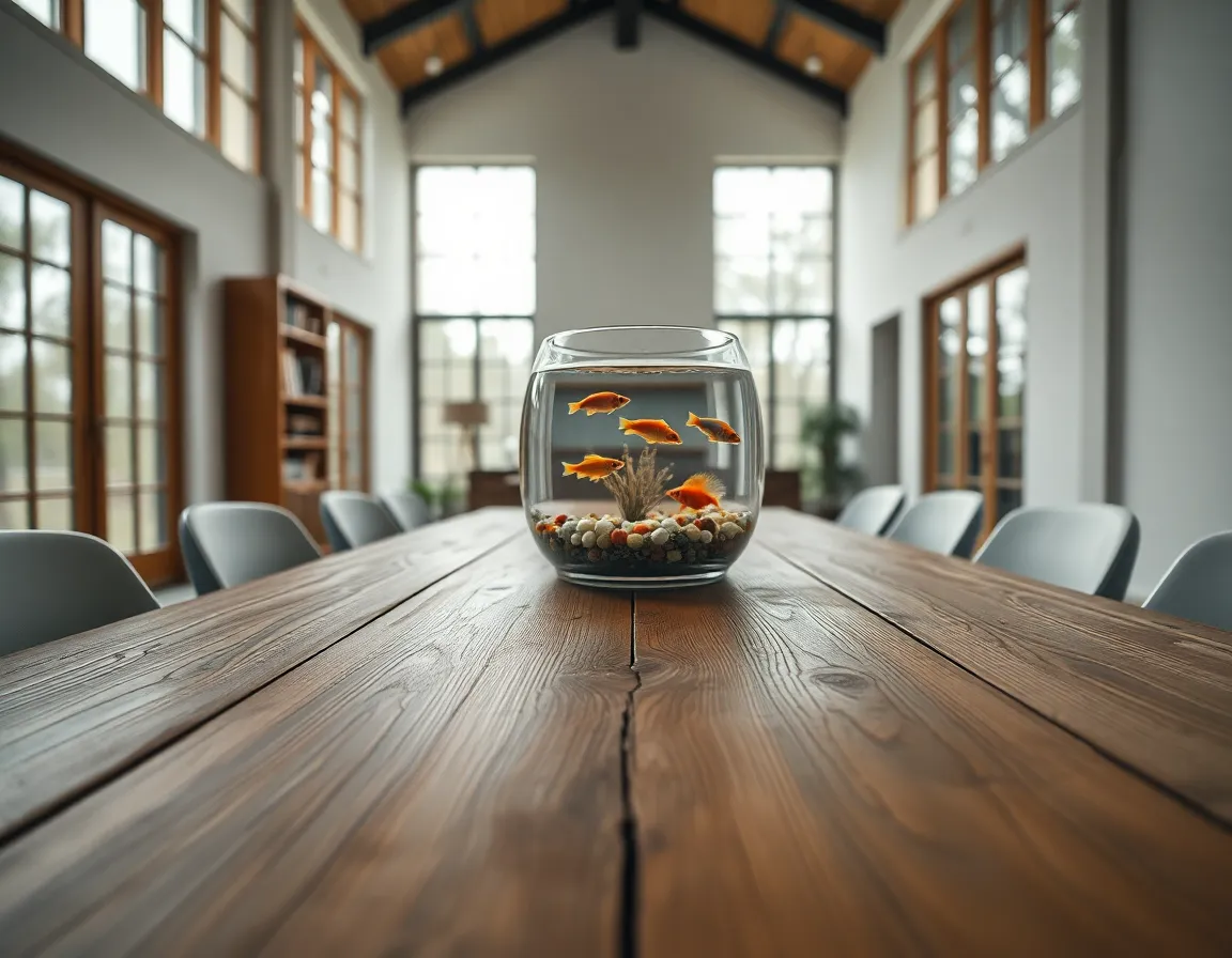 Decorative Fish Tank as Centerpiece This elegant image features a decorative fish tank serving as a centerpiece on a weathered oak table. Diffused daylight washes over the scene, creating a serene atmosphere. Tropical fish dart among colorful pebbles within the tank, and the natural colors of the wood provide a rustic charm that complements the vividness of the aquatic life. The composition effectively draws the viewer's eye along the leading lines created by the table's edges.