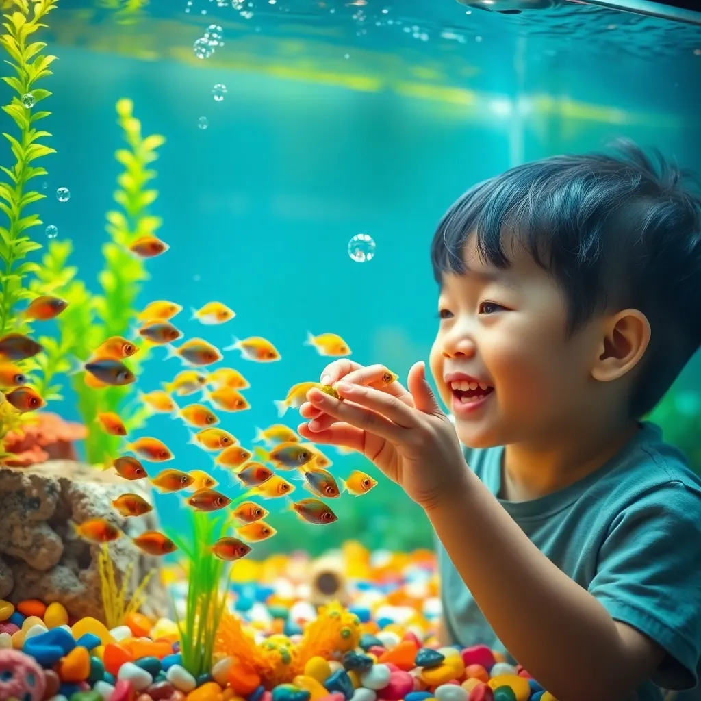 Child Feeding Tropical Fish in Aquarium