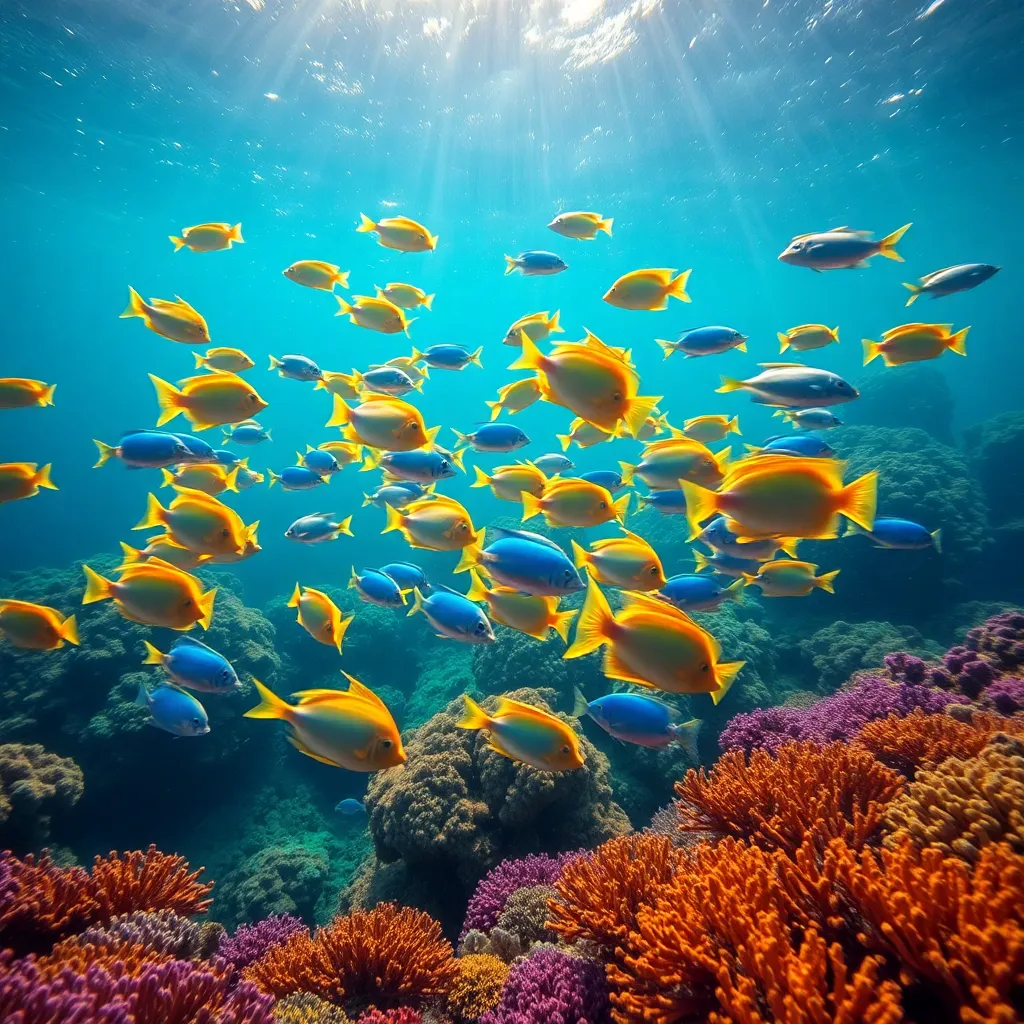 A stunning underwater scene showcasing a school of tropical fish amidst colorful coral reefs, perfect for marine life enthusiasts.