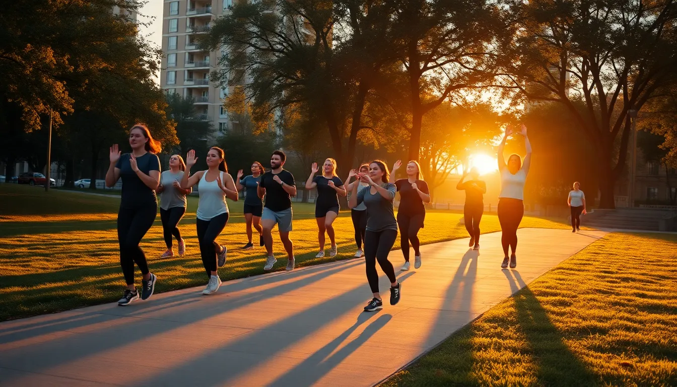 Sunset Group Fitness Class in Urban Park