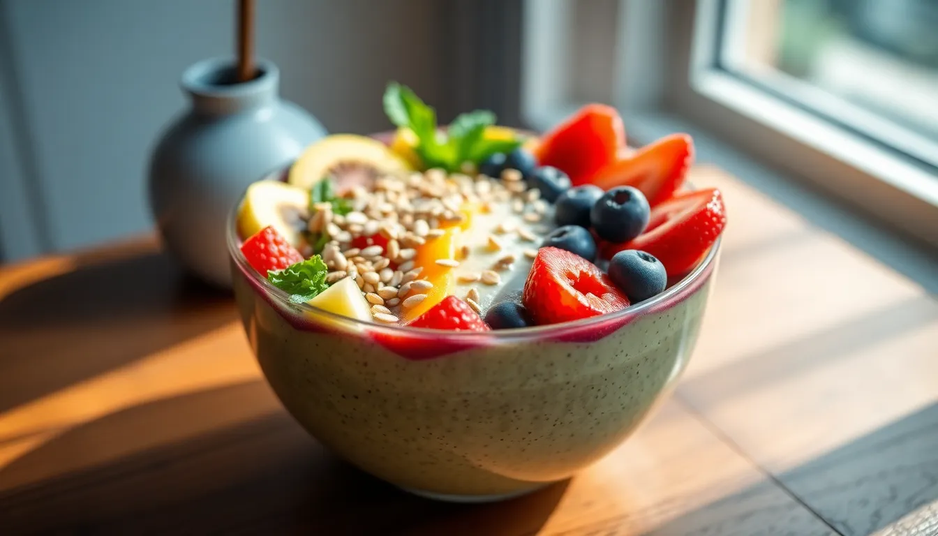 Vibrant Smoothie Bowl with Fresh Fruits A beautifully arranged smoothie bowl topped with an assortment of fresh fruits and seeds, radiating health and vibrancy. Soft natural light from a window enhances the colors and textures of the ingredients, making the dish look irresistibly appetizing. The shallow depth of field keeps the focus on the bowl, while the warm wooden table adds a cozy touch to the composition. This image captures the essence of nutritious and delicious eating.