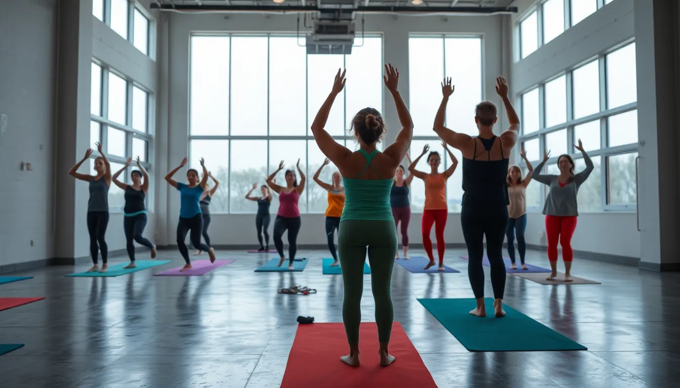 This vibrant image features a diverse group of individuals engaged in a yoga class within a bright studio, highlighted by the soft, diffused daylight filtering through large windows. The colorful yoga mats laid out on the sleek concrete floor create an inviting atmosphere. The sharp focus captures the concentration and serenity of each participant, reflecting a community committed to health and wellness.