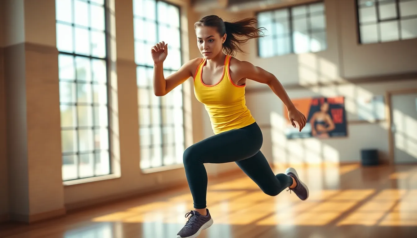 Female Athlete Jumping in Gym
