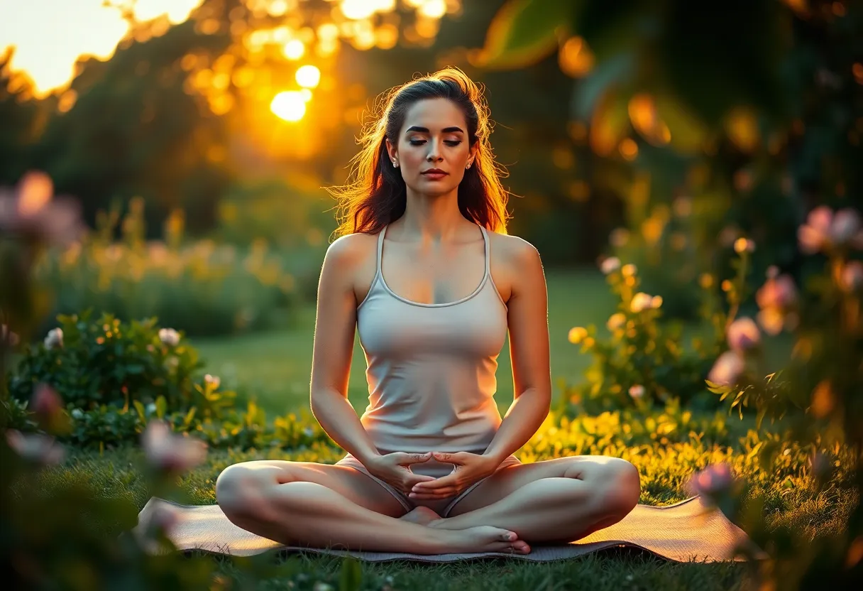 This tranquil image captures a woman meditating outdoors during a stunning sunset. Surrounded by vibrant flowers and greenery, her serene expression is gently illuminated by the warm glow of the setting sun. The soft bokeh of the background draws attention to her while emanating a peaceful vibe throughout the scene. The calming color palette adds to the meditative quality, perfectly evoking a sense of tranquility and mindfulness.