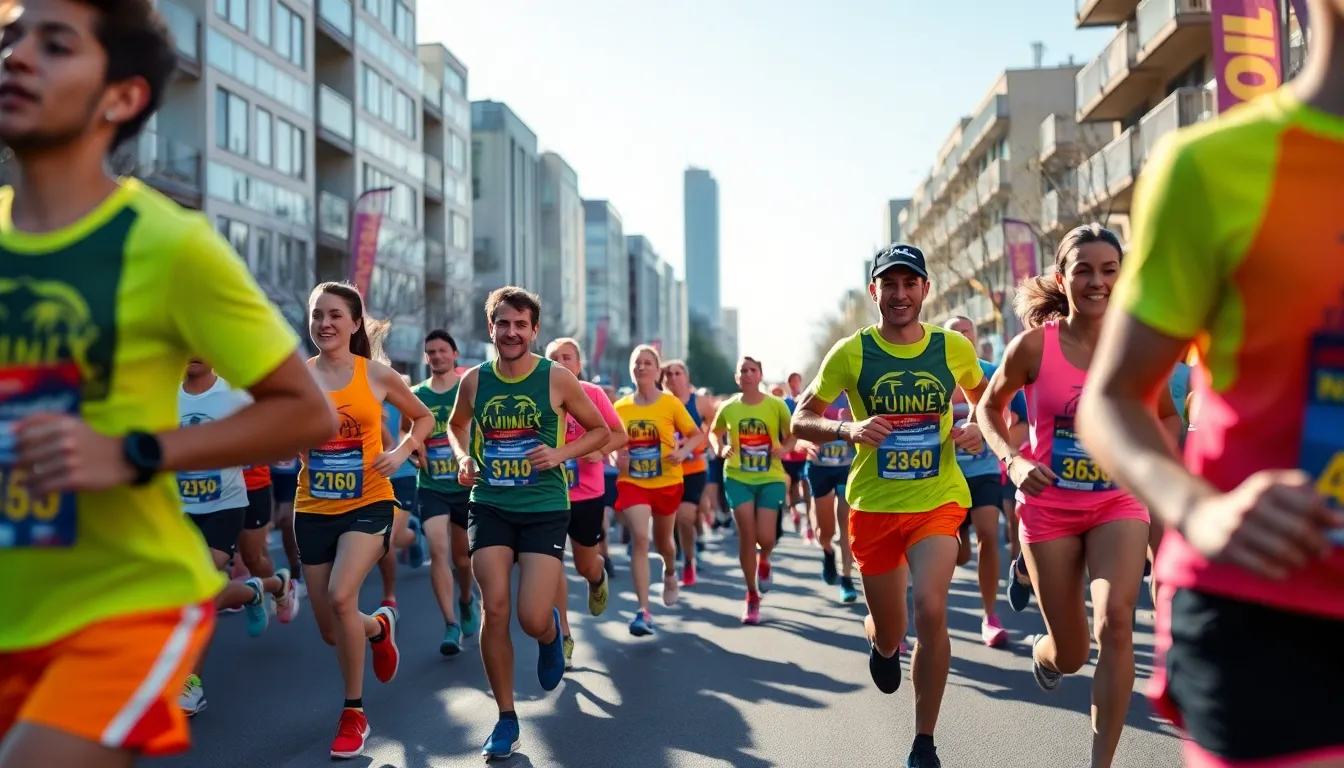 This dynamic image captures the vibrant energy of a running event held in an urban setting. Runners, decked out in colorful athletic gear, dash towards the camera, showcasing their determination and excitement. The early morning light enhances the colors, creating a lively atmosphere that draws the viewer in. The composition, with leading lines guiding the eye, emphasizes the speed and energy of the marathon experience.