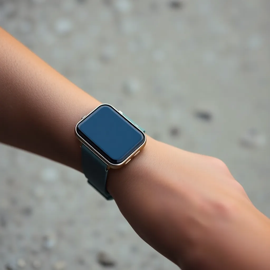 This macro shot highlights a sleek fitness tracker worn on a person’s wrist, against a textured concrete background. The soft daylight enhances the tracker’s metallic finish, while the subtle details of the wrist's natural skin texture add to the realism. The shallow depth of field emphasizes the tracker, making it the focal point of the image. This composition merges technology with a natural aesthetic, perfect for illustrating the intersection of fitness and modern lifestyle.