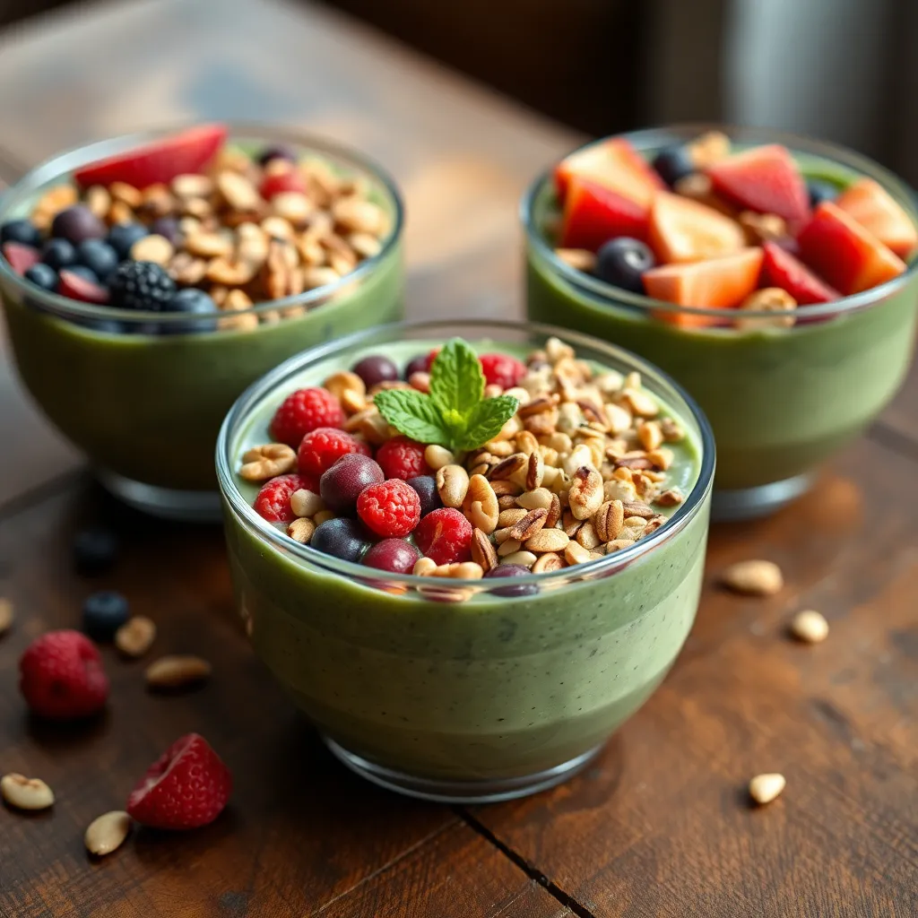A tantalizing close-up of colorful smoothie bowls, artfully arranged on a rustic wooden table. The natural daylight highlights the vibrant colors of fresh fruits, nuts, and seeds, making the bowls look not only healthy but also visually appealing. The shallow depth of field draws attention to the intricate details of the toppings, inviting viewers to indulge in this nutritious and aesthetically pleasing meal. This image captures the essence of healthy eating and wellness in a delicious format.