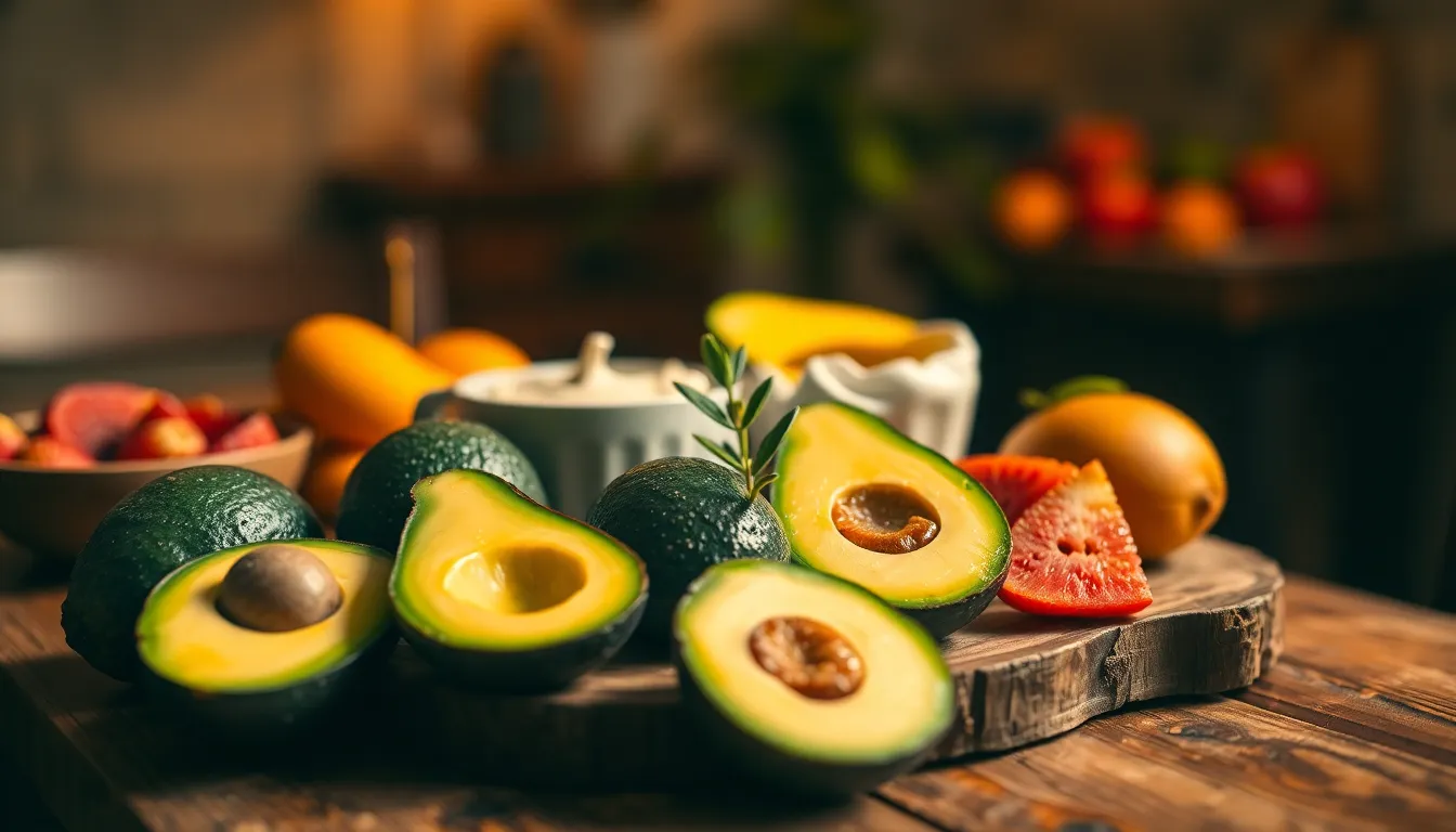 This image presents an artfully arranged display of vibrant fruits and healthy snacks on a rustic wooden table. Warm tungsten lighting creates a cozy ambiance, enhancing the colors and textures of the food. The shallow depth of field draws attention to the glossy avocados and lively garnishes, while soft bokeh creates an inviting backdrop. This scene encourages viewers to indulge in a nutritious lifestyle, highlighting the beauty of healthy eating.