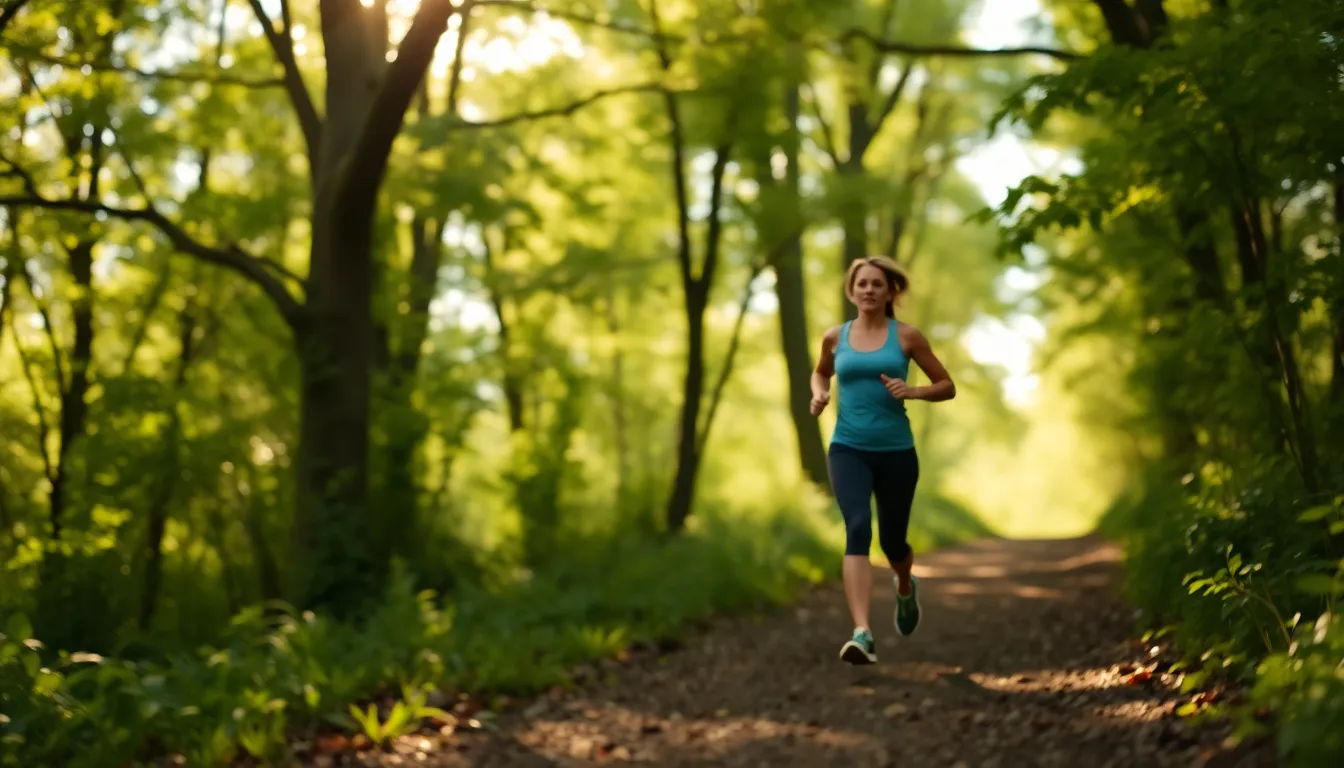 A woman jogs along a tranquil forest trail, surrounded by vibrant greenery and dappled sunlight filtering through the tree canopy above. The soft focus on her figure is complemented by the natural, muted tones of the environment, creating a serene and invigorating atmosphere. This image conveys a sense of freedom and connection with nature, perfect for promoting outdoor fitness activities.