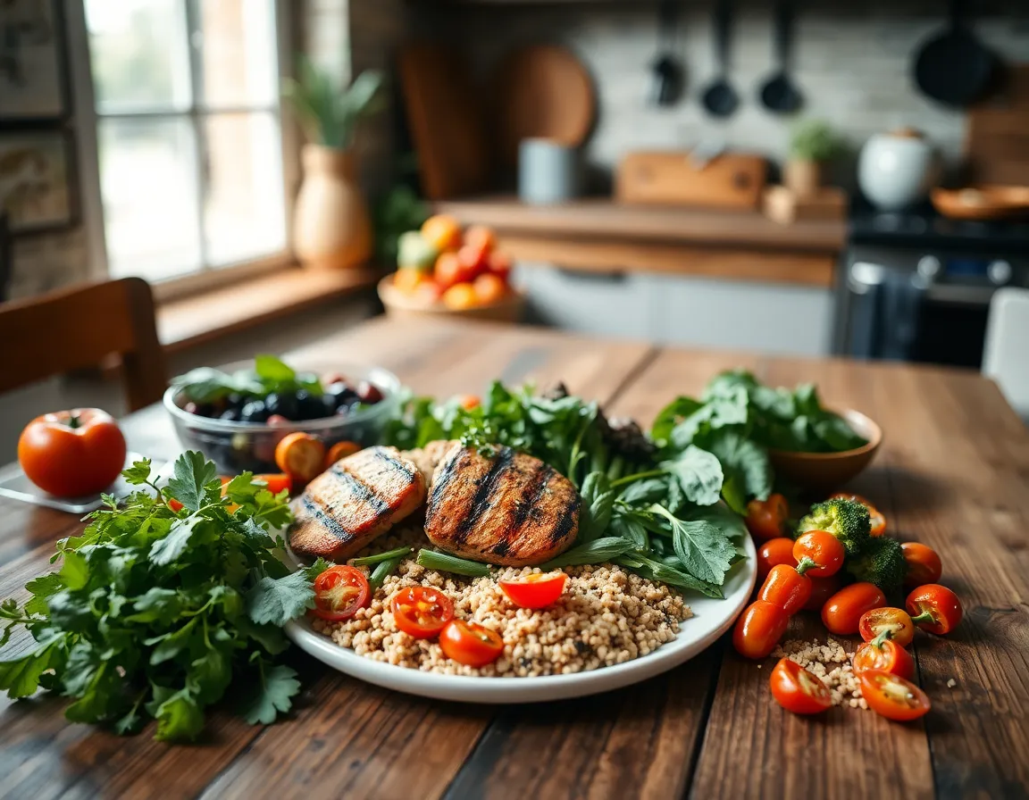 This captivating image presents a beautifully arranged healthy meal prep on a rustic wooden table. Fresh ingredients like grilled chicken, colorful vegetables, and quinoa are highlighted in natural light, showcasing their inviting textures and colors. The warm earthy tones create a homey atmosphere, perfect for encouraging healthy eating. The shallow depth of field smartly blurs kitchen items in the background, drawing attention to the vibrant meal, embodying a balanced lifestyle and culinary creativity.