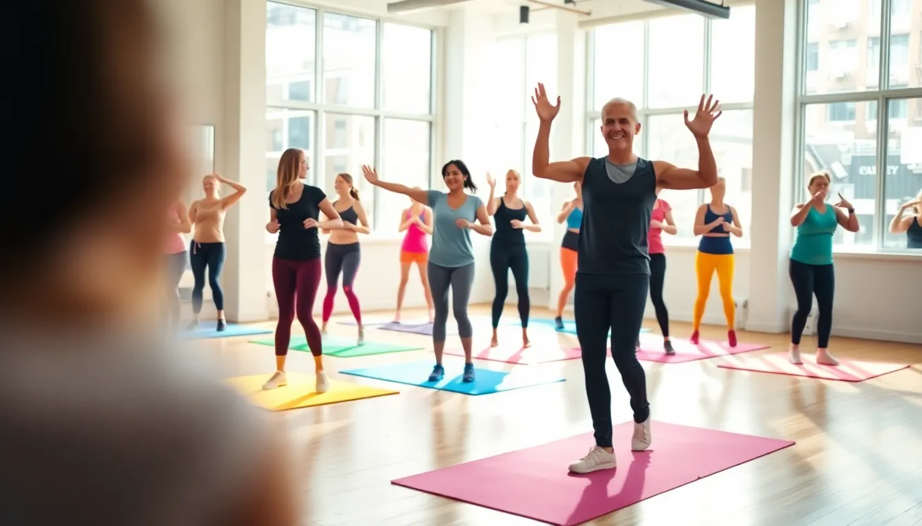An energetic group fitness class takes place in a bright, modern studio filled with natural light. The instructor is actively demonstrating exercises with enthusiasm, while participants engage energetically in the background. The colorful mats and attire create a vibrant atmosphere, reflecting the joy and motivation of group exercise. This image captures the essence of community in fitness, showcasing the energy and positivity of group activities.