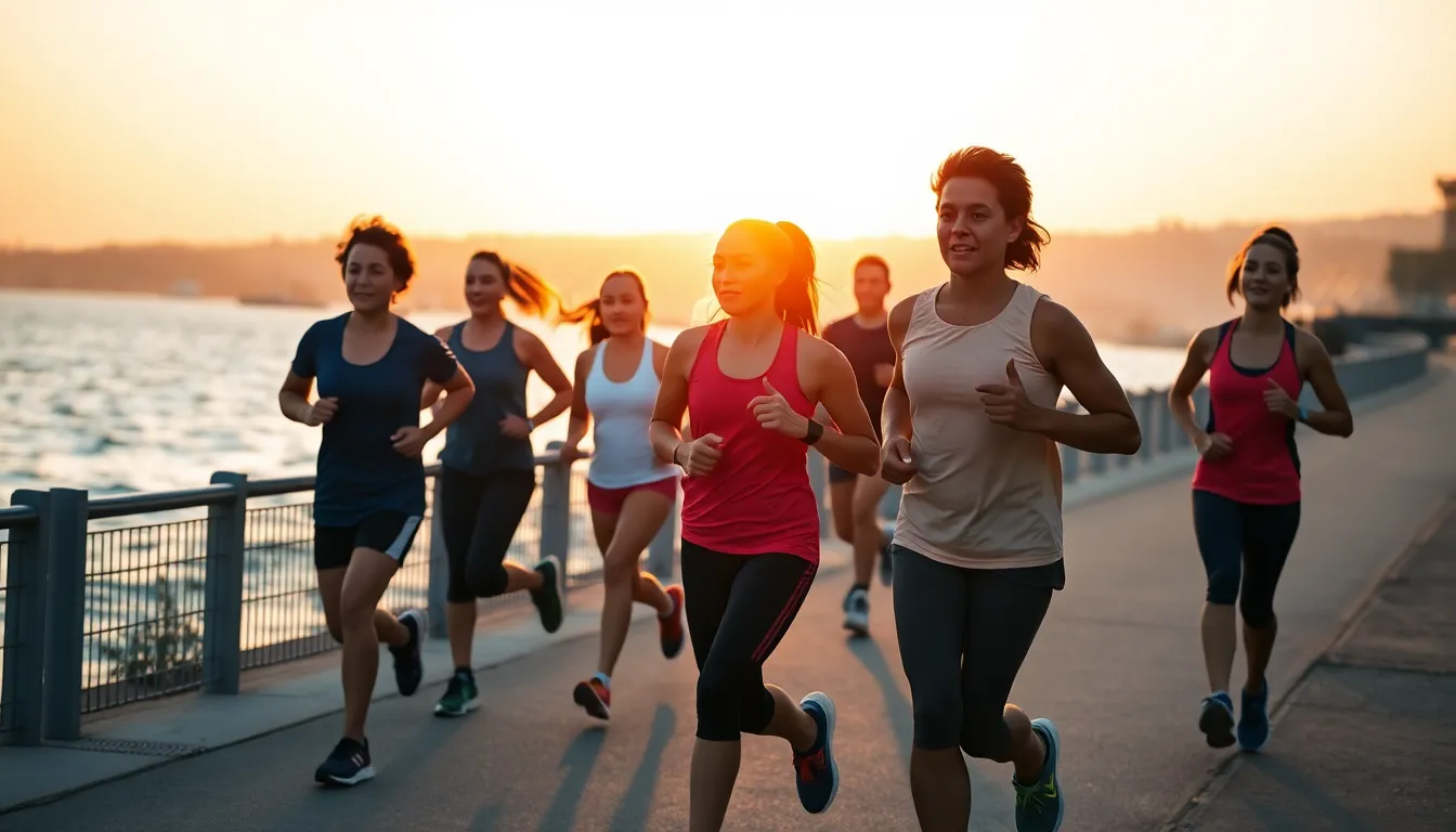 A diverse group of joggers embarks on a run along a scenic waterfront during the golden hour. The warm, setting sun bathes the scene in a soft glow, enhancing the bright colors of their activewear. The image captures the energy and vitality of the fitness community, showcasing determination and camaraderie. With the shimmering water creating a beautiful backdrop, this photograph embodies the joy of outdoor exercise and the beauty of nature.