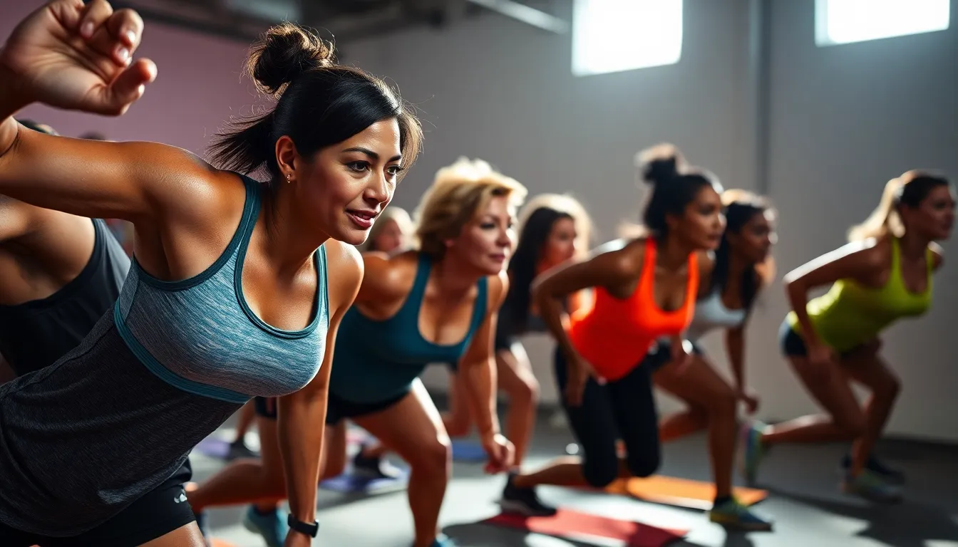 This dynamic image captures the energy of a high-intensity interval training workout in a modern gym. The diverse group is fully engaged in their exercise, with visible sweat highlighting their dedication. Bright studio lights create dramatic shadows, enhancing the intensity of the scene. The bold colors of their athletic wear contrast with the neutral gym background, embodying the spirit of energetic fitness activities. The composition effectively directs focus to their synchronized movements, invoking a sense of community and motivation.