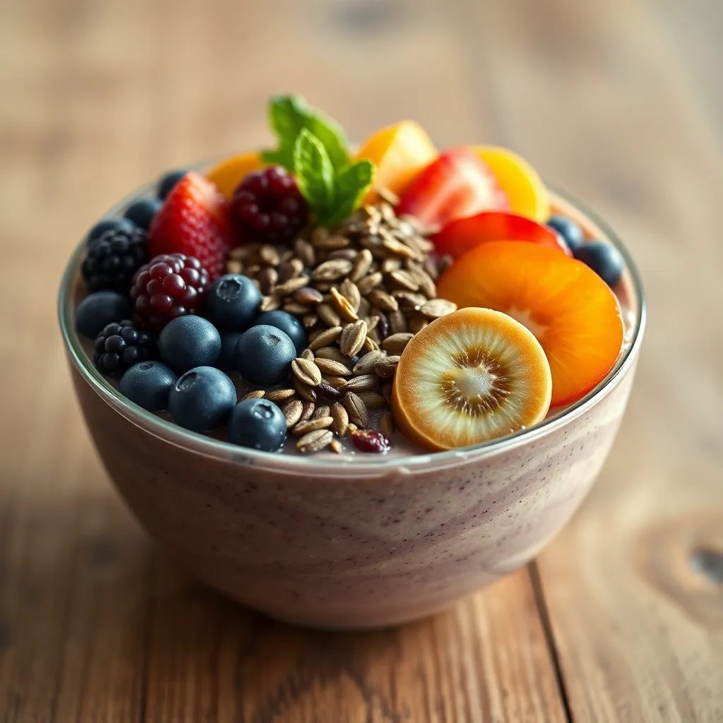 This image showcases a vibrant smoothie bowl, overflowing with fresh fruits and healthy toppings. The macro shot emphasizes the intricate textures of the ingredients, making them visually enticing and appealing. Soft, diffused light enhances the colorful presentation, set against a rustic wooden table that adds warmth to the scene. The inviting composition captures the essence of healthy eating, perfect for wellness-themed visuals.