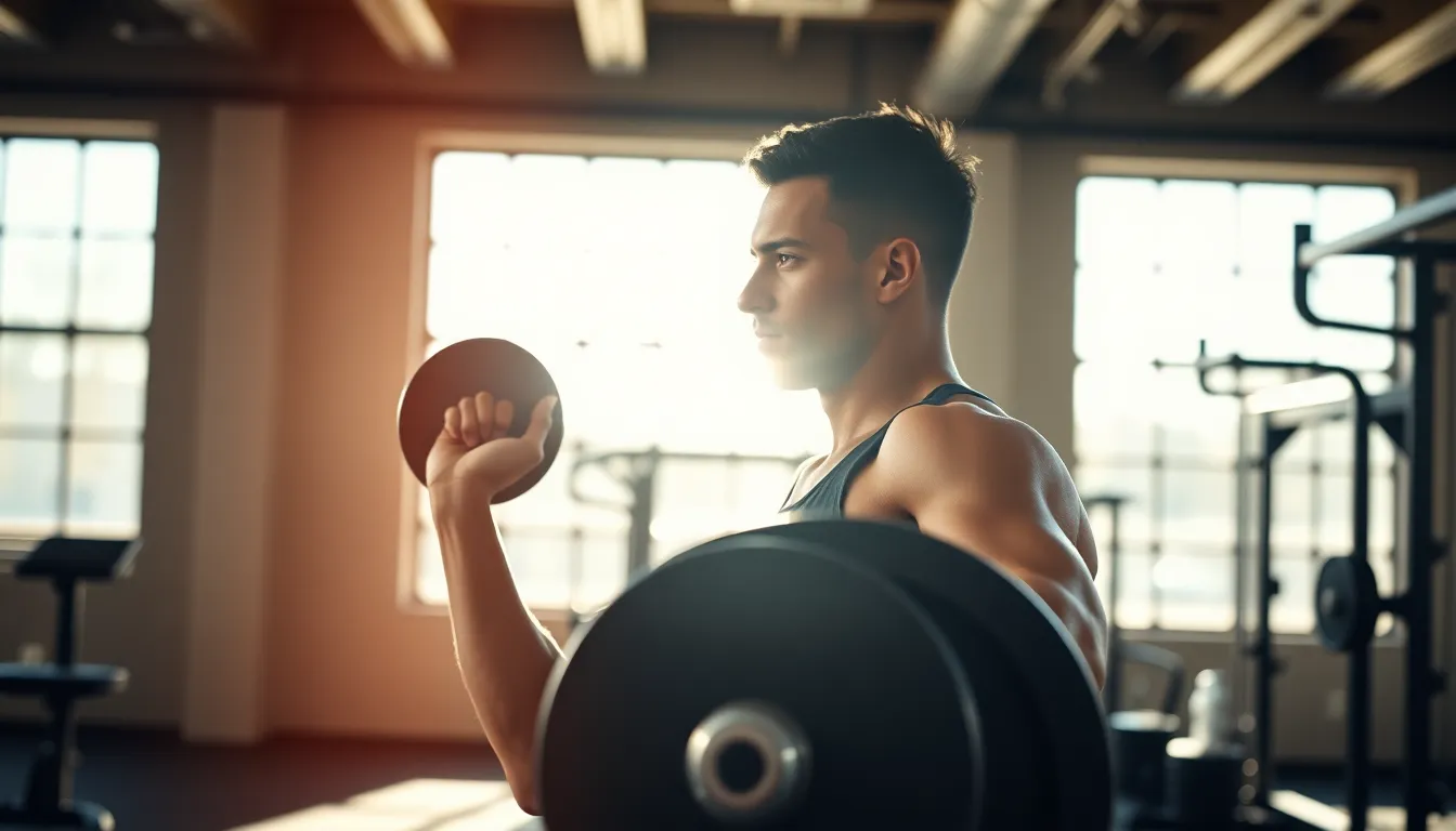 A focused athlete is captured mid-lift in a bright, modern gym environment. The warm sunlight pouring in illuminates their determined expression and toned physique, showcasing their dedication to fitness. The cool colors of the weights provide a striking contrast to the warm skin tones. The depth of field blurs the background, emphasizing the subject's intensity and the gym's texture.