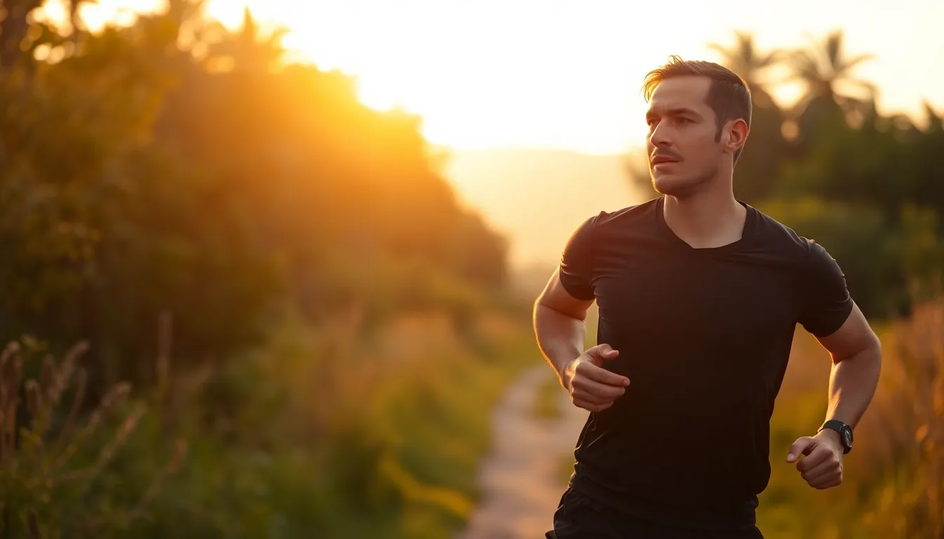 A male athlete is depicted mid-stride during an exhilarating trail run, illuminated by the warm glow of the golden hour. The image captures the intensity and determination in his expression, with sweat beads glistening on his skin. The rich hues of the sunset enhance the overall atmosphere, while the depth of field creates a sense of motion and focus on the runner. The trails guide the viewer's gaze, immersing them in this vibrant, active moment.