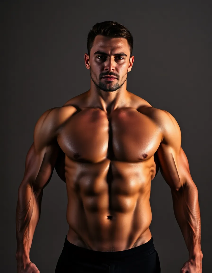 An impressive bodybuilder poses confidently under dramatic lighting, showcasing his defined muscles that reflect hard work and dedication. The Rembrandt lighting casts striking shadows across his physique, accentuating the strength and form. The warm tones of his skin contrast with the cool shadows, creating a visually engaging image that embodies the essence of fitness. This captivating portrait is perfect for illustrating the journey of commitment to health and physical training.