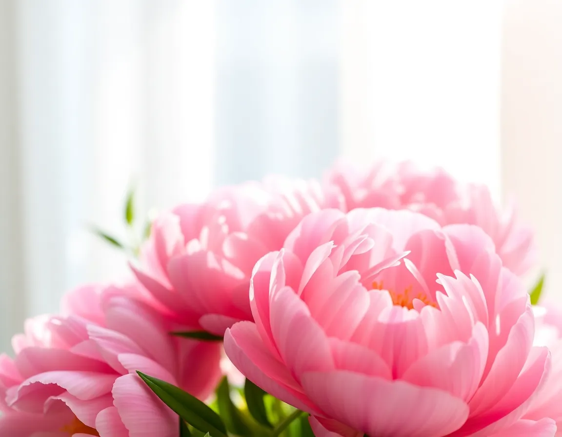This image showcases a close-up of lush, vibrant peonies in full bloom. The soft diffused daylight enhances their delicate textures and colors, providing a serene springtime feel. The carefully composed shot draws the viewer's eye toward the beautifully arranged flowers, framed by gentle greens. This captivating depiction emphasizes nature's beauty and fragility, perfect for floral themes.