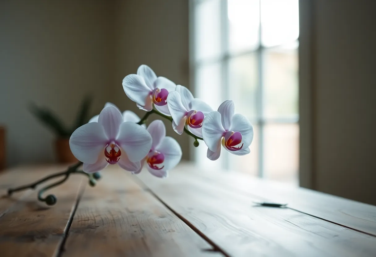 This serene image features a minimalist arrangement of delicate orchids atop a weathered wooden table. Soft daylight illuminates the flowers, enhancing their elegant colors and creating a tranquil atmosphere. The contrast between the smooth orchids and rustic wood adds depth to the composition. This image conveys a sense of calm and simplicity, perfect for contemporary floral decor themes.