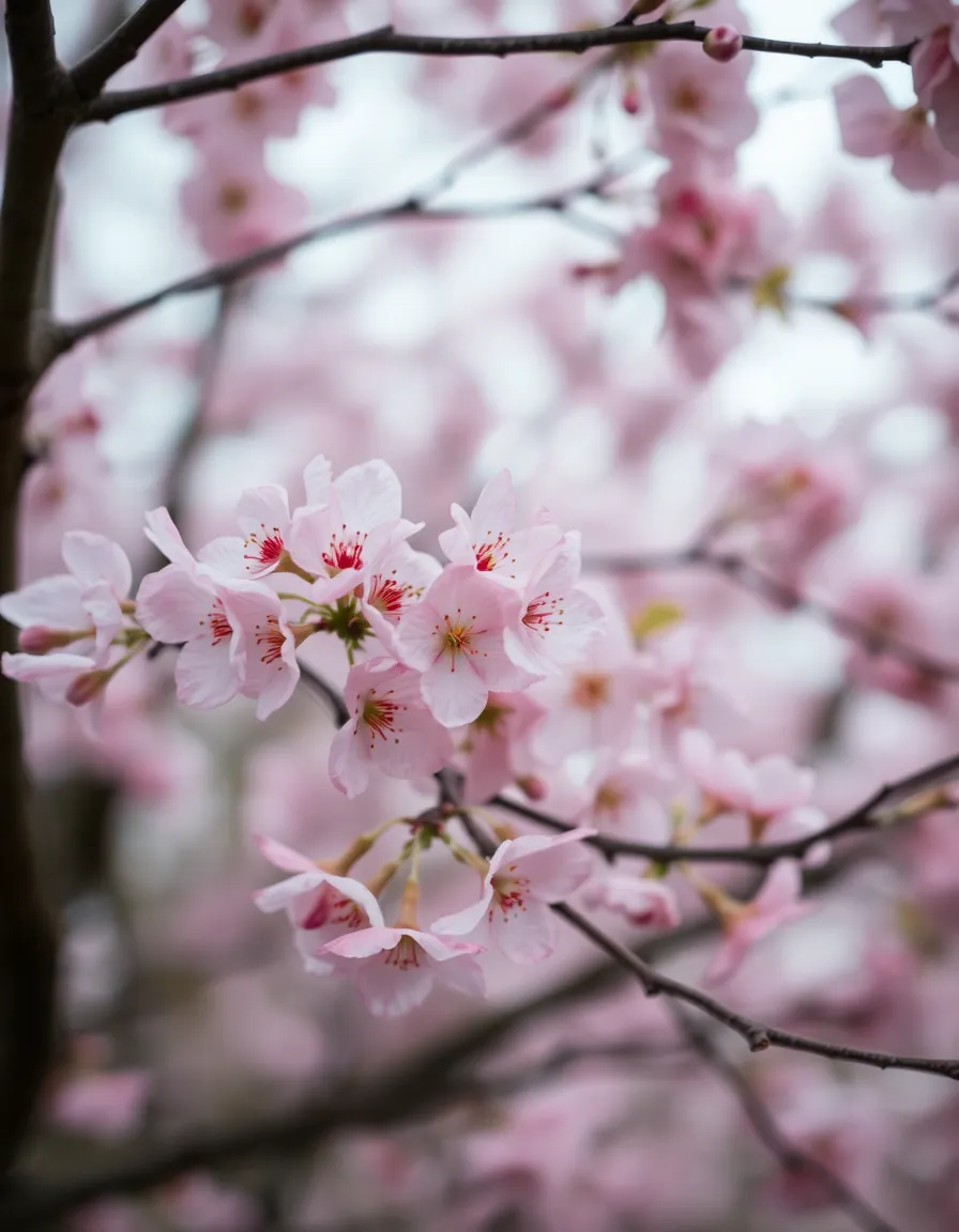 This peaceful image showcases cherry blossoms in full bloom against a soft, overcast sky. The delicate pink hues and intricate textures of the petals are enhanced by the diffused lighting. Carefully composed with branches extending into the frame, this scene evokes a sense of tranquility and the fleeting beauty of nature. Ideal for capturing the essence of springtime.