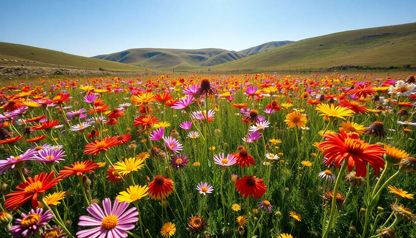This breathtaking image depicts a vibrant wildflower meadow in full bloom during mid-summer. Bright sunlight illuminates the colorful blossoms, creating a vivid display against a clear blue sky. The depth of field ensures sharpness across the scene, highlighting the diversity of flowers. This inviting and cheerful composition is ideal for nature themes, celebrating the beauty of wildflowers.